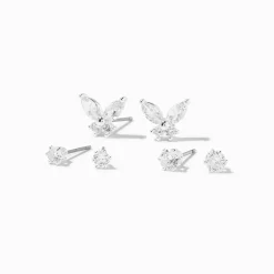 Silver-tone Cubic Zirconia Butterfly & 3mm & 4mm Stud Earrings - 3 Pack
