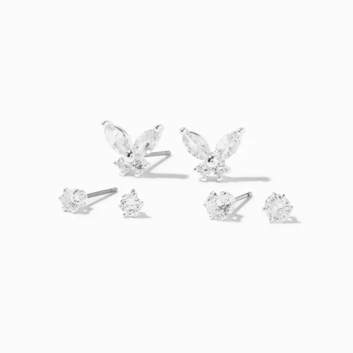 Silver-tone Cubic Zirconia Butterfly & 3mm & 4mm Stud Earrings - 3 Pack