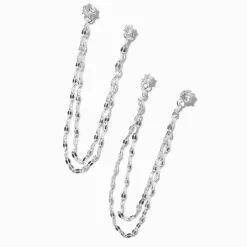 Silver-tone Cubic Zirconia Connector Chain Stud Earrings