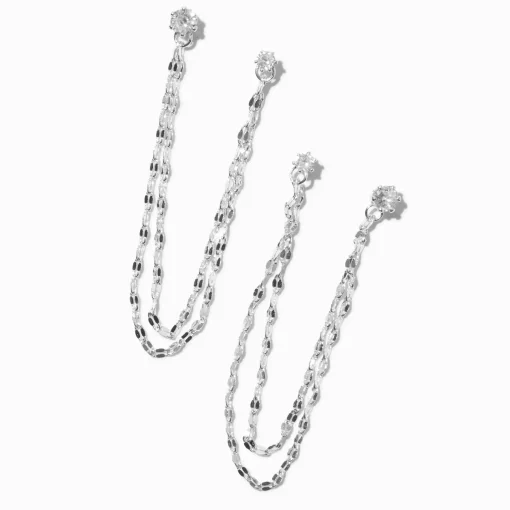 Silver-tone Cubic Zirconia Connector Chain Stud Earrings