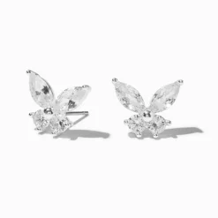 Silver-tone Cubic Zirconia Butterfly Stud Earrings