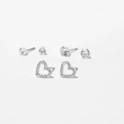 Silver-tone Cubic Zirconia Heart & Stud Earrings - 3 Pack