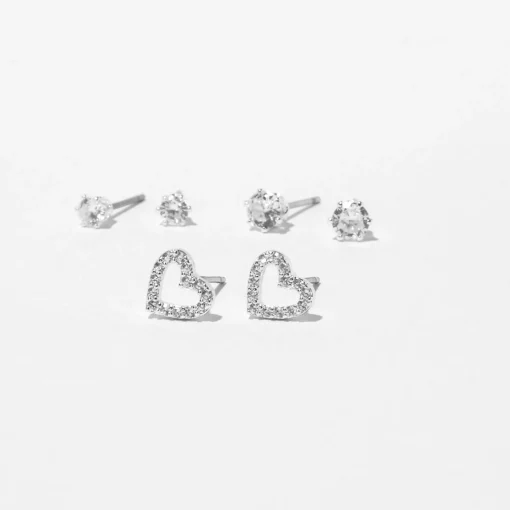 Silver-tone Cubic Zirconia Heart & Stud Earrings - 3 Pack