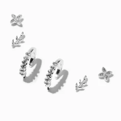 Silver-tone Cubic Zirconia Leaf Earring Stackables - 3 Pack