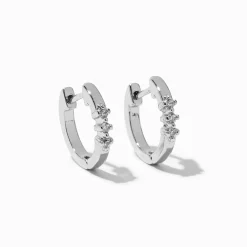 Silver-tone Cubic Zirconia Three-Stone 10mm Huggie Hoop Earrings