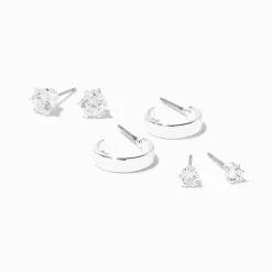 Silver-tone Cubic Zirconia Studs & White Enamel Hoop Earrings - 3 Pack