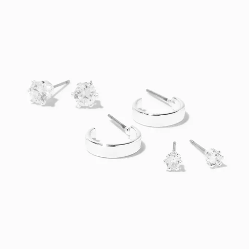 Silver-tone Cubic Zirconia Studs & White Enamel Hoop Earrings - 3 Pack
