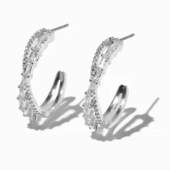 Silver-tone Cubic Zirconia 15mm Criss Cross Hoop Earrings