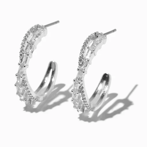 Silver-tone Cubic Zirconia 15mm Criss Cross Hoop Earrings