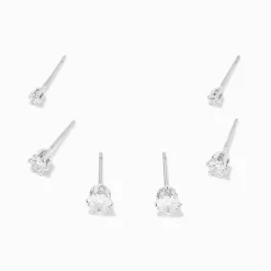 Silver-tone Cubic Zirconia 2mm, 3mm, & 4mm Round Stud Earrings - 3 Pack