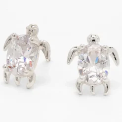 Silver-tone Cubic Zirconia Turtle 8mm Stud Earrings