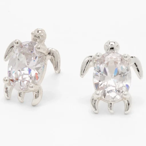 Silver-tone Cubic Zirconia Turtle 8mm Stud Earrings