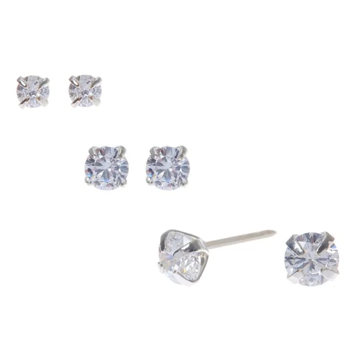 Silver-tone Cubic Zirconia 3mm, 4mm, & 5mm Round Stud Earrings - 3 Pack