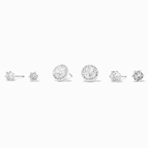 Silver-tone Cubic Zirconia Halo Studs Earrings - 3 Pack