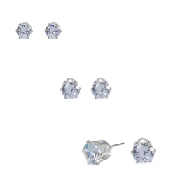 Silver-tone Cubic Zirconia 5mm, 6mm, & 7mm Round Stud Earrings - 3 Pack