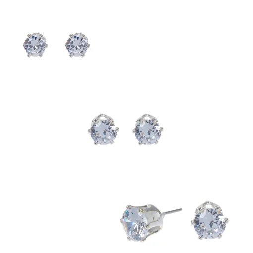 Silver-tone Cubic Zirconia 5mm, 6mm, & 7mm Round Stud Earrings - 3 Pack