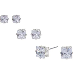 Silver-tone Cubic Zirconia 3mm, 4mm, & 5mm Square Stud Earrings - 3 Pack