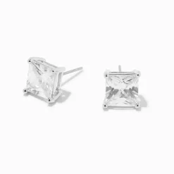 Silver-tone Cubic Zirconia 8mm Square Stud Earrings