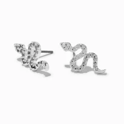 Silver-tone Cubic Zirconia Pavé Snake Stud Earrings