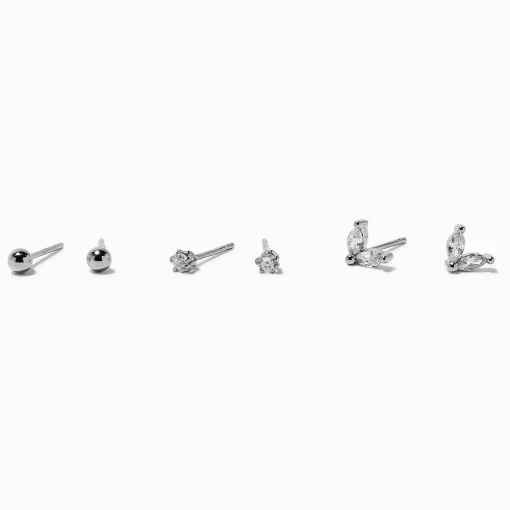 Silver-tone Cubic Zirconia Stud Earrings - 3 Pack
