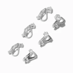 Silver-tone Cubic Zirconia 3mm, 4mm, & 5mm Round Clip-On Stud Earrings - 3 Pack