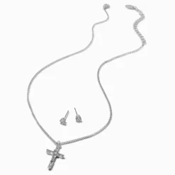 Silver-tone Cubic Zirconia Cross Jewelry Set - 2 Pack