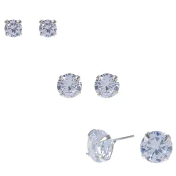 Silver-tone Cubic Zirconia 5mm, 7mm, & 9mm Round Stud Earrings - 3 Pack
