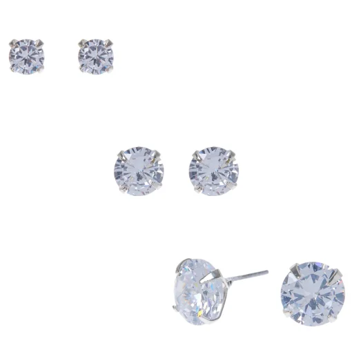 Silver-tone Cubic Zirconia 5mm, 7mm, & 9mm Round Stud Earrings - 3 Pack