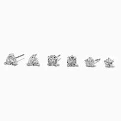 Silver-tone Cubic Zirconia 5mm Heart, Round, & Star Stud Earrings - 3 Pack