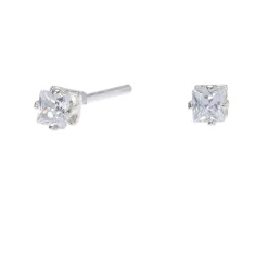 Silver-tone Cubic Zirconia Square 3mm Stud Earrings