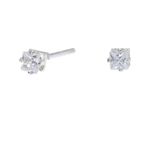 Silver-tone Cubic Zirconia Square 3mm Stud Earrings