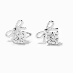 Silver-tone Cubic Zirconia Bow Stud Earrings