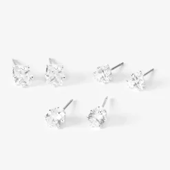 Silver-tone Cubic Zirconia Round Stud Earrings - 3 Pack