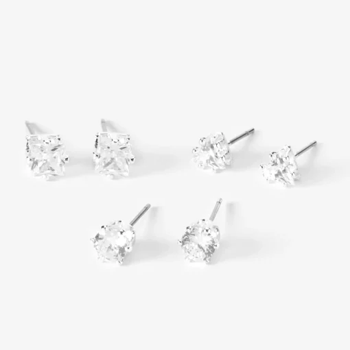 Silver-tone Cubic Zirconia Round Stud Earrings - 3 Pack