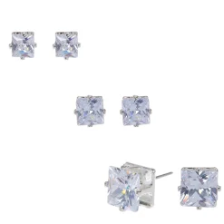 Silver-tone Cubic Zirconia 5mm, 6mm, & 7mm Square Stud Earrings - 3 Pack
