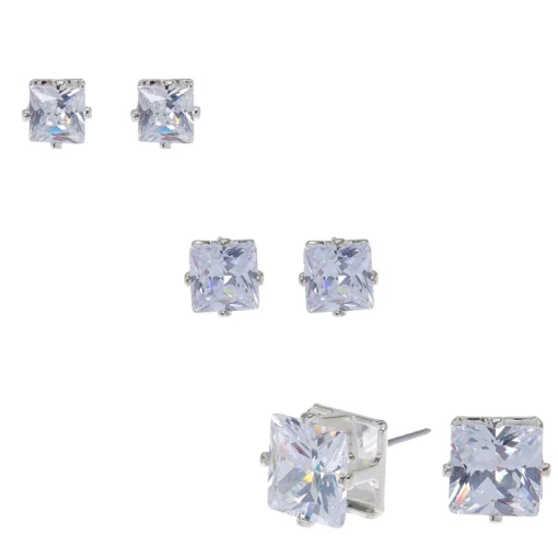 Silver-tone Cubic Zirconia 5mm, 6mm, & 7mm Square Stud Earrings - 3 Pack