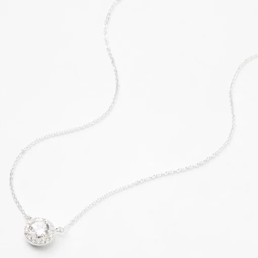 Silver-tone Cubic Zirconia Round Halo Pendant Necklace