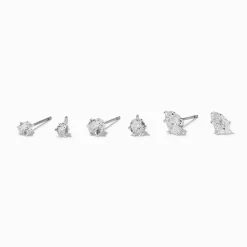 Silver-tone Cubic Zirconia Round & Teardrop Stud Earrings - 3 Pack