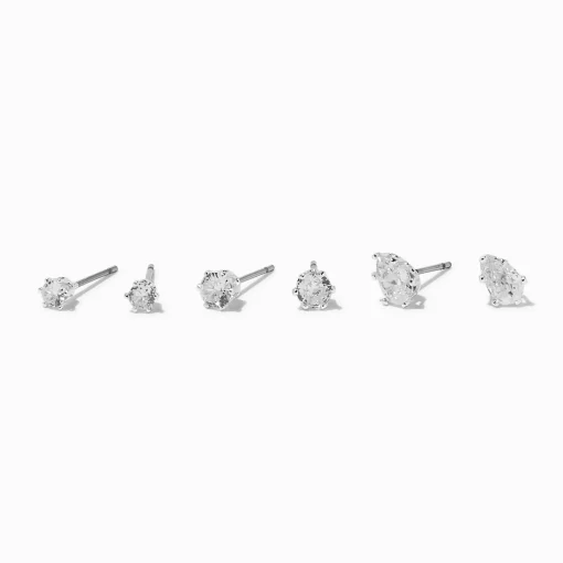 Silver-tone Cubic Zirconia Round & Teardrop Stud Earrings - 3 Pack