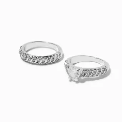 Silver-tone Cubic Zirconia Heart Rings - 2 Pack