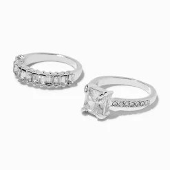 Silver-tone Cubic Zirconia Emerald Cut Rings - 2 Pack