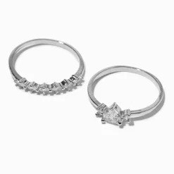 Silver-tone Cubic Zirconia Heart Rings - 2 Pack