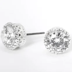Silver-tone Cubic Zirconia 8mm Round Vintage Stud Earrings