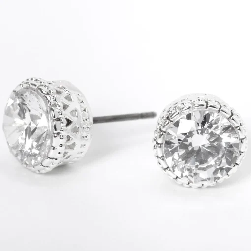 Silver-tone Cubic Zirconia 8mm Round Vintage Stud Earrings