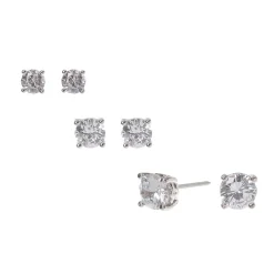 Silver-tone Cubic Zirconia 4mm, 5mm, & 6mm Round Stud Earrings - 3 Pack