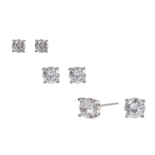 Silver-tone Cubic Zirconia 4mm, 5mm, & 6mm Round Stud Earrings - 3 Pack