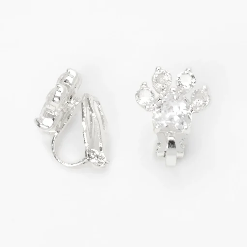 Silver-tone Cubic Zirconia 10mm Paw Print Clip-On Earrings