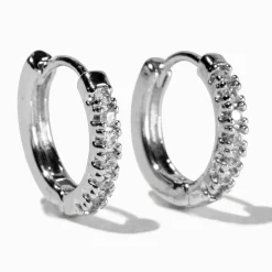 Silver-tone Cubic Zirconia 10mm Stacked Huggie Hoop Earrings
