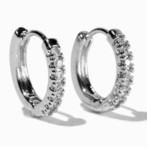 Silver-tone Cubic Zirconia 10mm Stacked Huggie Hoop Earrings