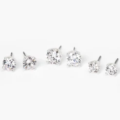 Silver-tone Cubic Zirconia 6mm, 7mm, & 8mm Round Stud Earrings - 3 Pack